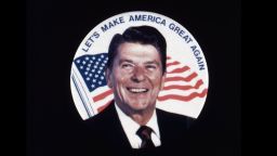 A Ronald Reagan campaign button 'Let's Make America Great Again'.