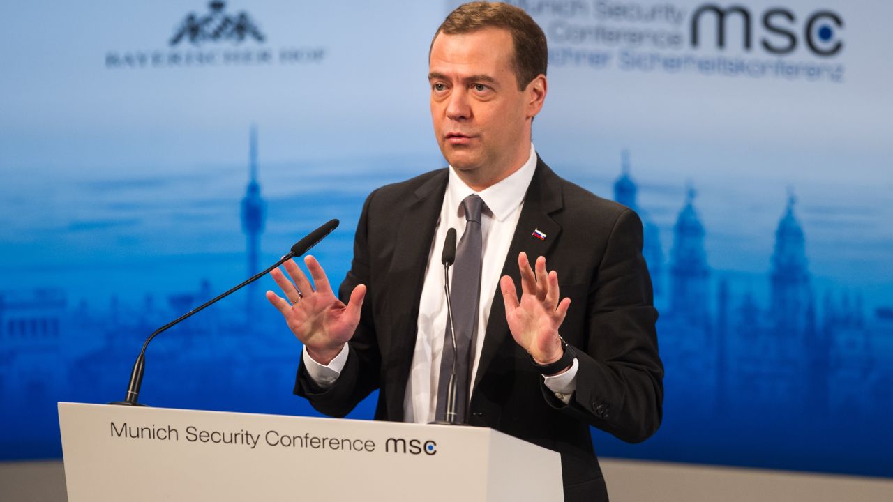 Russian Prime Minister Dmitry Medvedev speaks at the 2016 Munich Security Conference on Saturday.