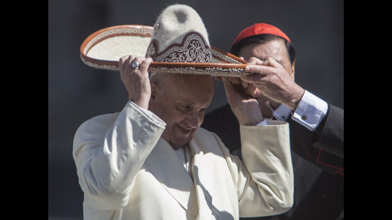 Pope Francis dons a Mexican sombrero on February 13.