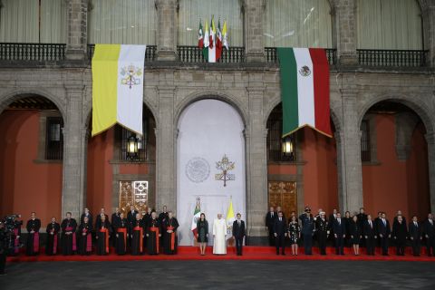 Pope Francis is welcomed by Pena Nieto and his wife, Angelica Rivera, on February 13.