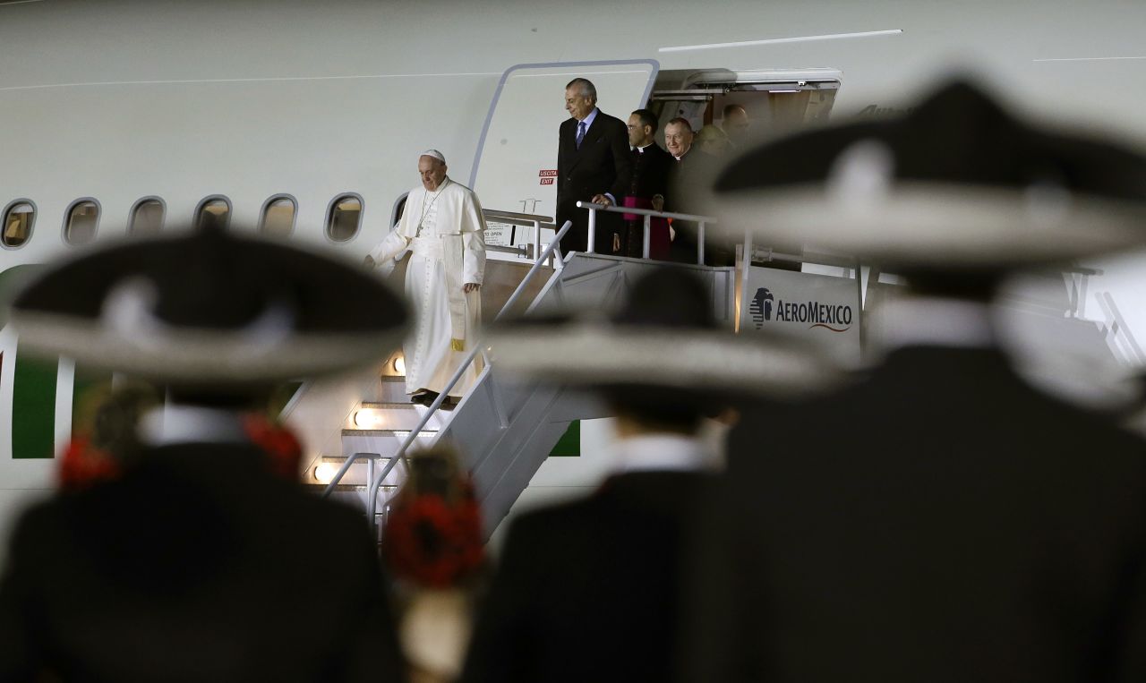 Pope Francis arrives at Benito Juarez International Airport in Mexico City on February 12.