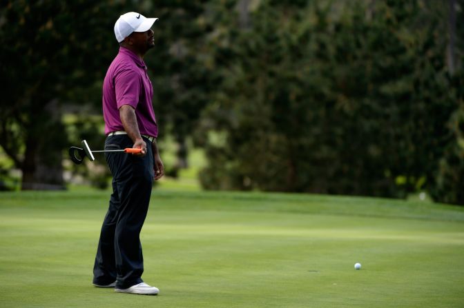 Former star of the Fresh Prince of Bel Air, Alfonso Ribeiro, reacts to a missed putt at Pebble Beach. 