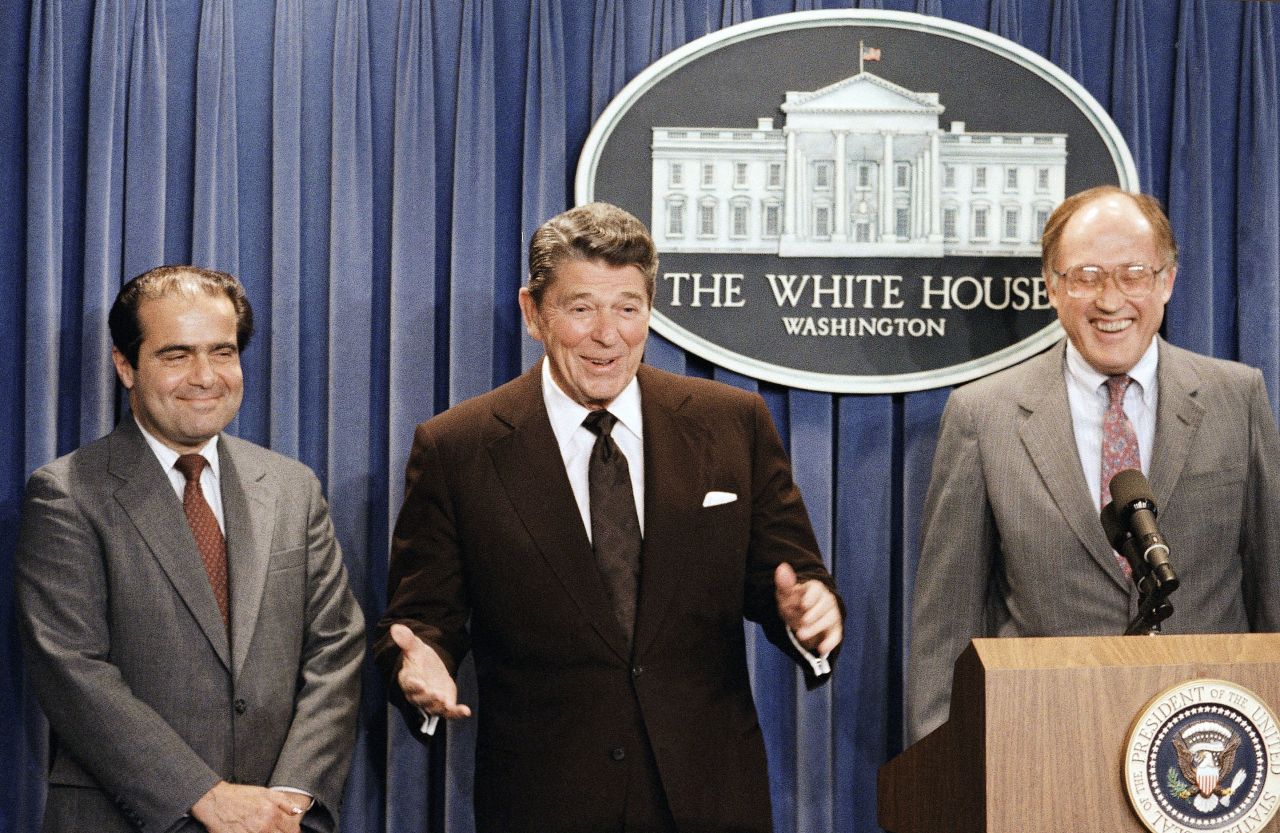 President Ronald Reagan announces the nomination of Scalia to the Supreme Court on June 17, 1986, as a result of Chief Justice Warren E. Burger's retirement.