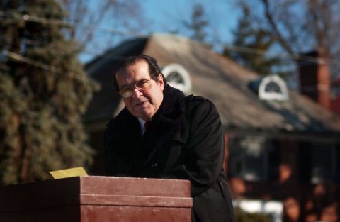 Scalia speaks to a crowd gathered at the Religious Freedom Monument in Fredericksburg, Virginia, to celebrate Religious Freedom Day on January 12, 2003. Scalia complained that courts have gone overboard in keeping God out of government. 