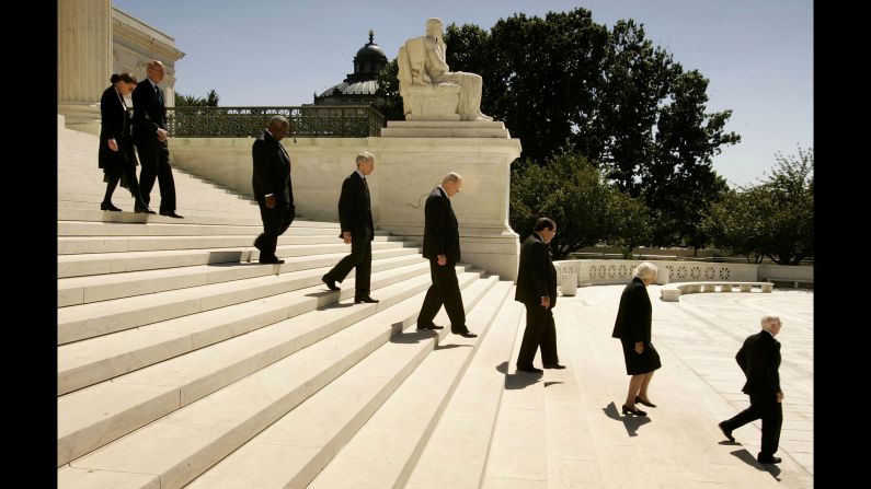 Members of the U.S. Supreme Court, Justice Ruth Bader Ginsburg, Justice Stephen Breyer, Justice Clarence Thomas, Justice David Souter, Justice William Kennedy, Justice Antonin Scalia, Justice Sandra Day O'Connor and Justice John Paul Stevens file out of the U.S. Supreme Court Building to attend funeral services for Chief Justice William Rehnquist on September 7, 2005, in Washington.