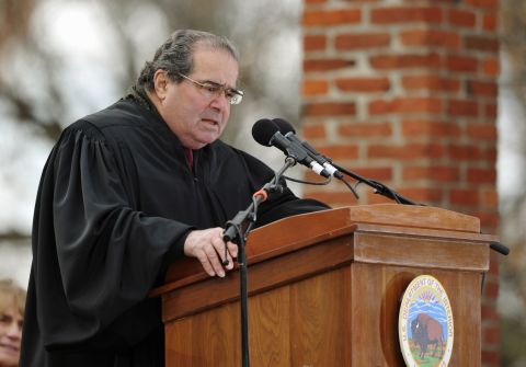 Scalia conducts a naturalization ceremony for 16 new U.S. citizens during the commemoration of the 150th anniversary of President Abraham Lincoln's historic Gettysburg Address on November 19, 2013, at Gettysburg National Military Park in Gettysburg, Pennsylvania.