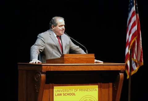 Scalia speaks at the University of Minnesota as part of the law school's Stein Lecture series on October 20, 2015, in Minneapolis.