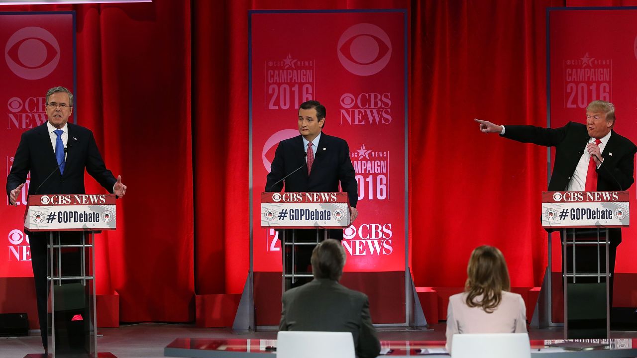 Jeb Bush, Sen. Ted Cruz and Donald Trump participate in a CBS News GOP Debate on February 13, 2016, at the Peace Center in Greenville, South Carolina.