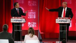 Republican presidential candidates (L-R) Sen. Ted Cruz (R-TX) and Donald Trump participate in a CBS News GOP Debate February 13, 2016 at the Peace Center in Greenville, South Carolina. 