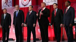 GREENVILLE, SC - FEBRUARY 13:  Republican presidential candidates (L-R) Ohio Governor John Kasich, Jeb Bush, Sen. Ted Cruz (R-TX), Donald Trump, Sen. Marco Rubio (R-FL) and Ben Carson stand on stage during a CBS News GOP Debate February 13, 2016 at the Peace Center in Greenville, South Carolina. Residents of South Carolina will vote for the Republican candidate at the primary on February 20.  (Photo by Spencer Platt/Getty Images)