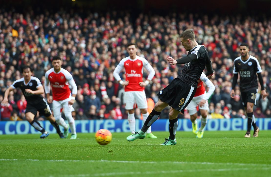 Jamie Vardy blasted Leicester City ahead from the penalty spot after being pulled down by Nacho Monreal. 