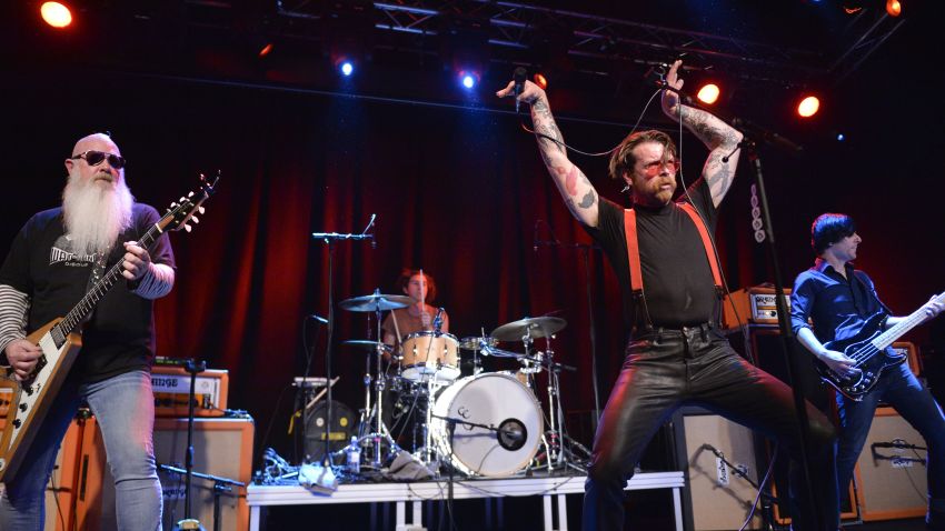 Singer Jesse Hughes of Eagles of Death Metal performs at Debaser Medis in Stockholm, Sweden, Saturday, February 13. The concert is the band's first appearance since the Bataclan terror attack in Paris in November.