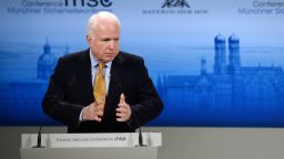 U.S. Senator John McCain criticized Russia's actions in Syria at the 2016 Munich Security Conference in Germany.