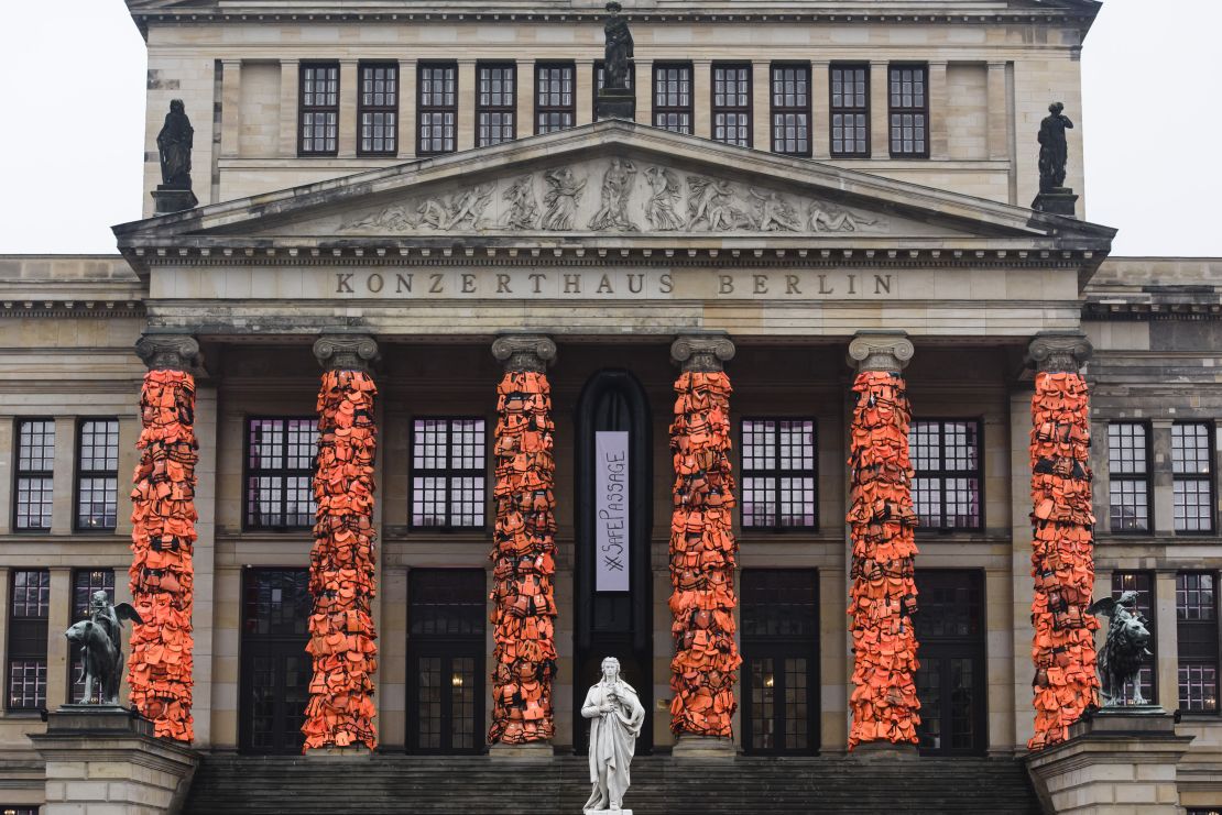 An art installation by Chinese artist Ai Weiwei that consists of life vests worn by refugees bound to the columns of the concert house at Gendarmenmarkt in Berlin.
