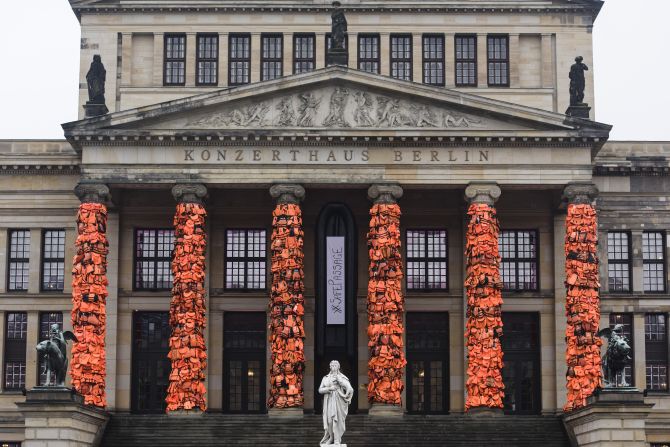 Renowned Chinese artist Ai Weiwei covered the columns of the Gendarmenmarkt concert hall in Berlin with <a href="http://edition.cnn.com/2016/02/14/arts/ai-weiwei-berlin-life-jackets/">14,000 discarded life jackets</a> to highlight the number of migrants taking to the seas every day.