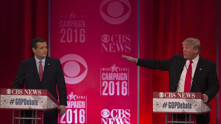 Republican presidential candidate Donald Trump (R) gestures towards  Ted Cruz (L) during the CBS News Republican Presidential Debate in Greenville, South Carolina, February 13, 2016.  / AFP / JIM WATSON        (Photo credit should read JIM WATSON/AFP/Getty Images)