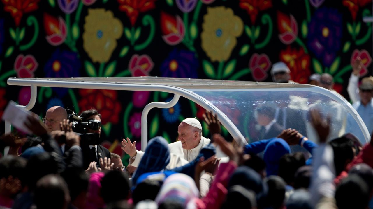 The Pope waves to a crowd in San Cristobal de las Casas, Mexico, on Monday, February 15.