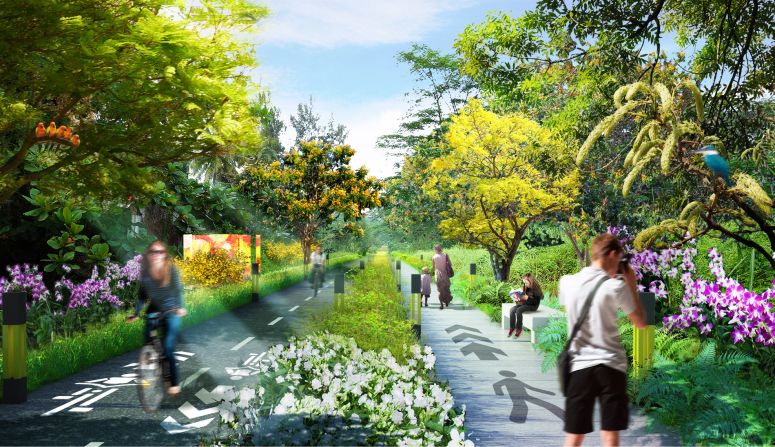 Nikken Sekkei's plan aims to create a seamless and connected path system for different users -- joggers, walkers, cyclists. Facilities like toilets, resting points and lighting will line the path.
