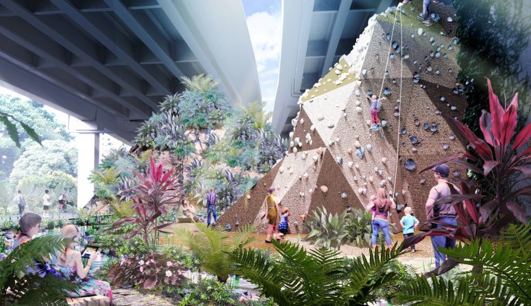 PIE viaduct will be named The Community Cave and filled with yoga decks and a rock-climbing wall. 