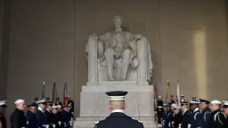 An honor cordon is in place during a Presidential Full Honor Wreath-Laying Ceremony in celebration of the 207th birthday of President Abraham Lincoln, Friday, Feb. 12, 2016 , at the Lincoln Memorial in Washington. (AP Photo/Alex Brandon)