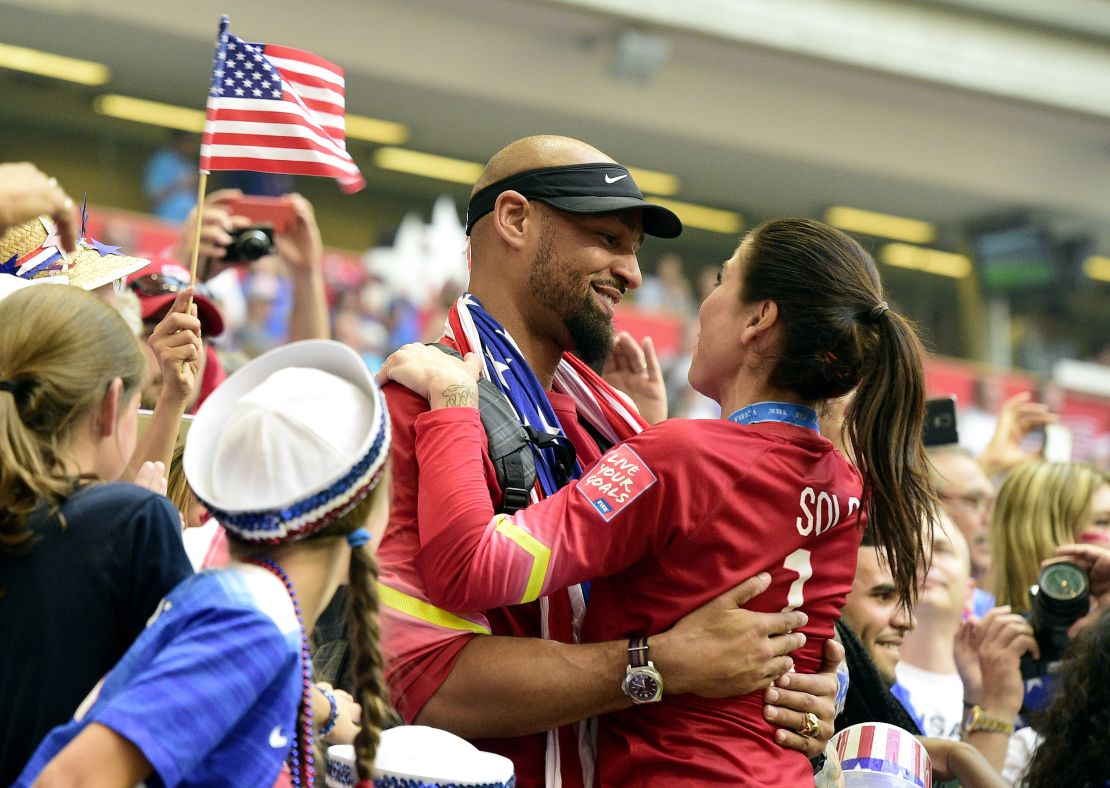 Ex-NFL player Jerramy Stevens congratulates his wife, soccer star Hope Solo, last year.