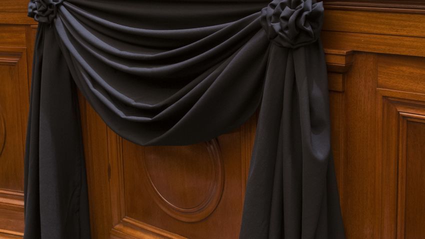 Supreme Court Associate Justice Antonin Scalia's Bench Chair and the Bench in front of his seat draped in black following his death on February 13, 2016.  