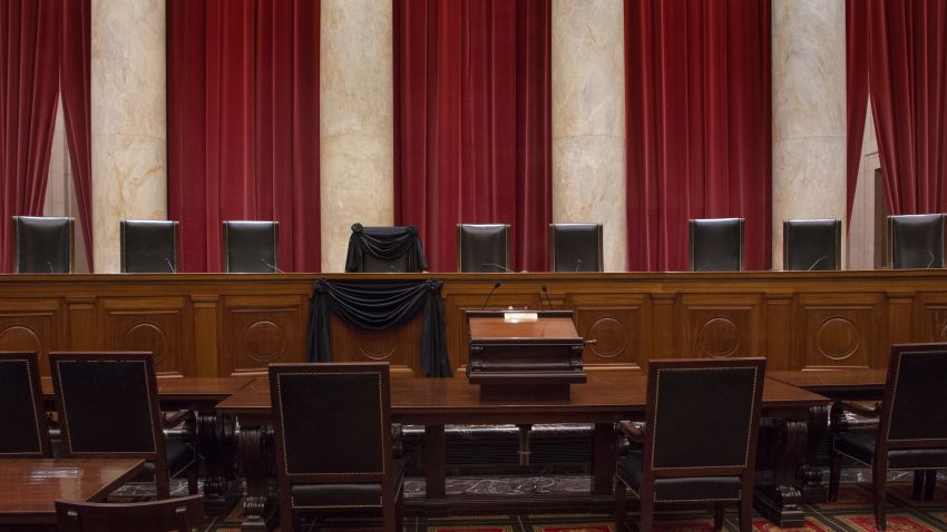 The Courtroom of the Supreme Court showing Associate Justice Antonin Scalia's Bench Chair and the Bench in front of his seat draped in black following his death on February 13, 2016.