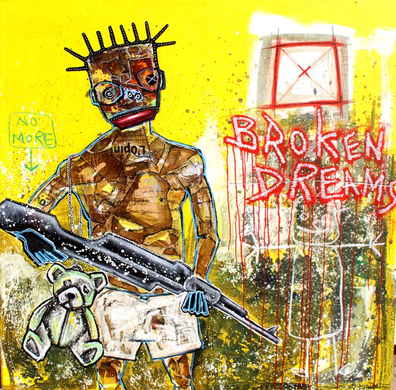 The piece "Broken Dreams" refers to the use of child soldiers in Ivory Coast and several other African countries. "It's bad enough that children's lives are torn apart by wars they didn't start. But when they're forced into fighting in the conflict themselves, it causes psychological and physical damage that can often never be repaired," says Turay.
