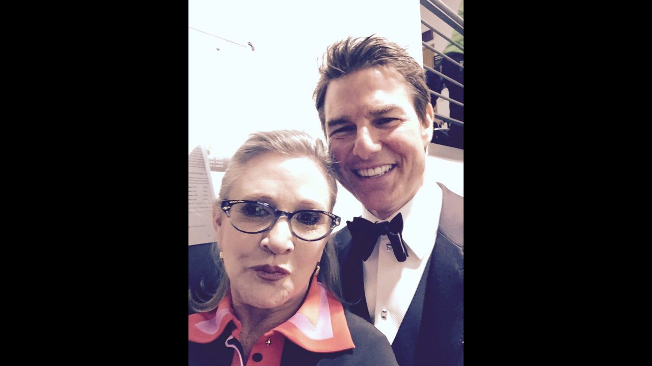 Actress Carrie Fisher <a href="https://twitter.com/carrieffisher/status/698987599763886080" target="_blank" target="_blank">tweeted several selfies</a> with actor Tom Cruise as she attended the BAFTA Awards on Sunday, February 14. "Took my first TRUE selfie with Tom Cruise ... So down to earth I'll be wiping this dirt off of me for WEEKS," she said.