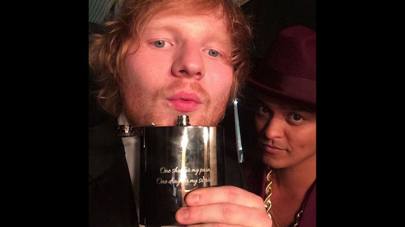 Singers Ed Sheeran, left, and Bruno Mars <a href="https://www.instagram.com/p/BB1T9OdO87B/" target="_blank" target="_blank">take a photo together</a> after the Grammy Awards on Monday, February 15. Sheeran won song of the year for "Thinking Out Loud." "Uptown Funk," Mars' collaboration with Mark Ronson, won record of the year.