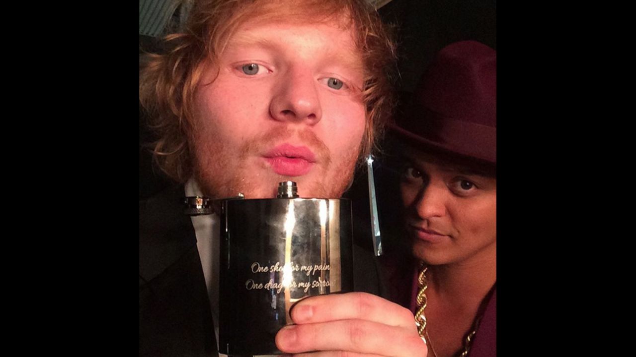 Singers Ed Sheeran, left, and Bruno Mars <a href="https://www.instagram.com/p/BB1T9OdO87B/" target="_blank" target="_blank">take a photo together</a> after the Grammy Awards on Monday, February 15. Sheeran won song of the year for "Thinking Out Loud." "Uptown Funk," Mars' collaboration with Mark Ronson, won record of the year. <a href="http://www.cnn.com/2016/02/15/entertainment/gallery/grammy-winners-2016/index.html" target="_blank">See other major winners</a>