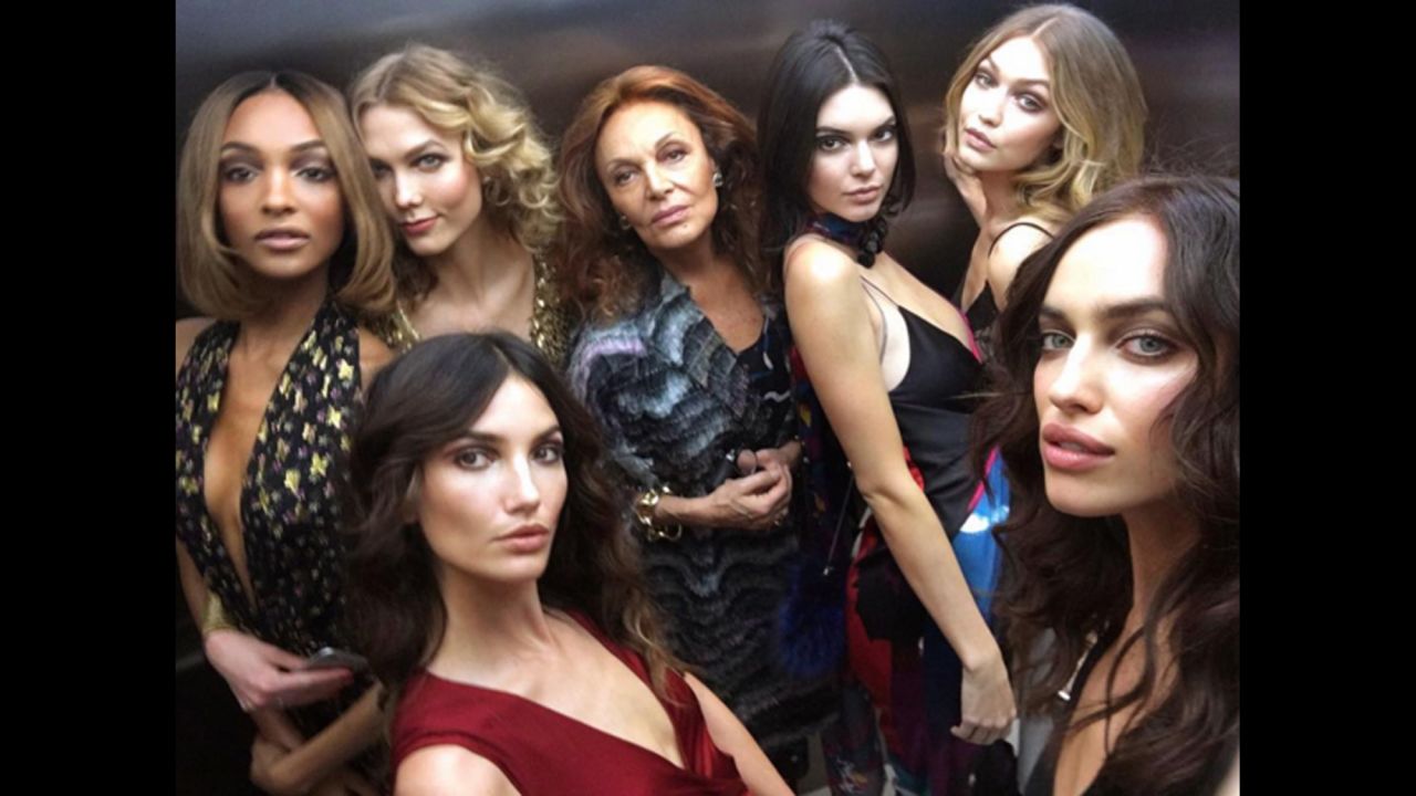 Fashion designer Diane von Furstenberg, center, is surrounded by famous models in <a href="https://www.instagram.com/p/BByBimIt-YT/" target="_blank" target="_blank">this elevator selfie posted by Irina Shayk,</a> far right. Also appearing in the photo, from left, are Jourdan Dunn, Karlie Kloss, Lily Aldridge, Kendall Jenner and Gigi Hadid.