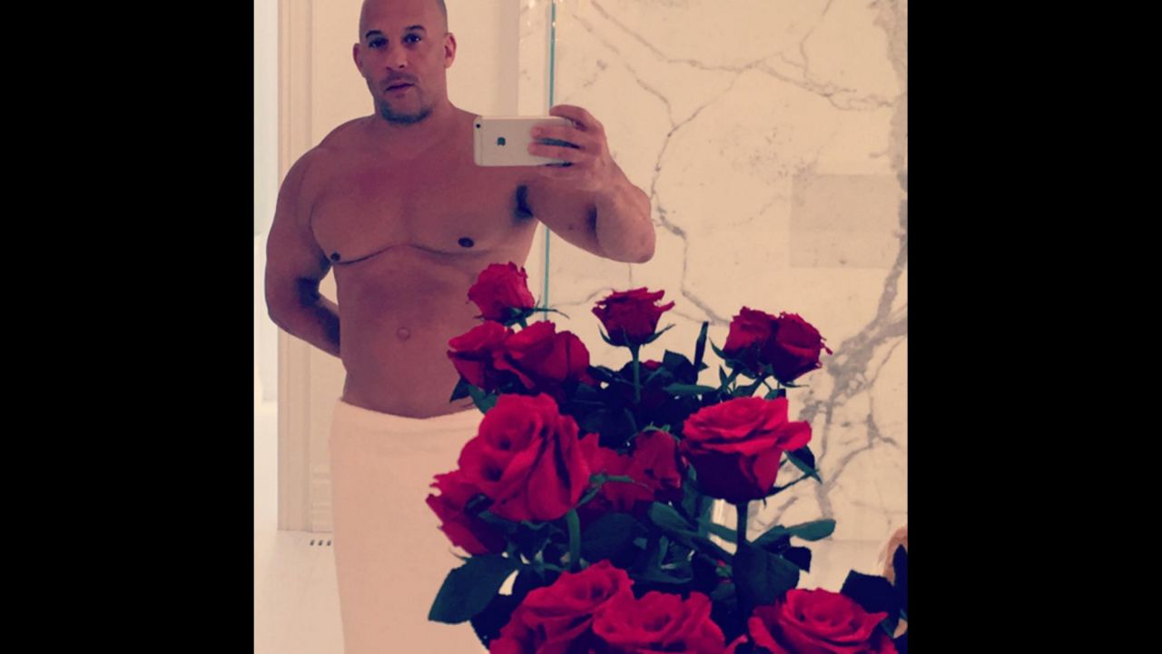 Actor Vin Diesel took a selfie in a towel as he <a href="https://www.instagram.com/p/BByKpSPGPnp/" target="_blank" target="_blank">wished his Instagram followers a "Happy V day"</a> on Sunday, February 14.