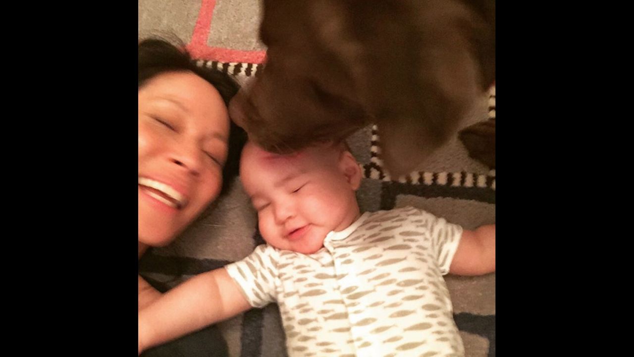 A dog licks Rockwell, son of actress Lucy Liu, in <a href="https://www.instagram.com/p/BBnih1KKdT2/" target="_blank" target="_blank">this selfie she posted to Instagram</a> on Sunday, February 14. "Happy Valentine's Day!" she said.