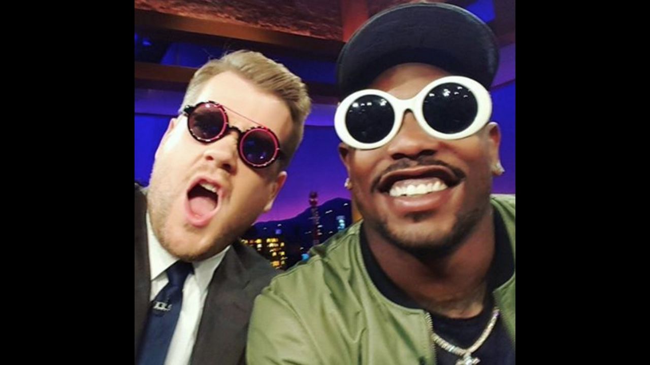 James Corden, host of "The Late Late Show," <a href="https://www.instagram.com/p/BBnR6hzvLXl/" target="_blank" target="_blank">takes a selfie</a> with Super Bowl MVP Von Miller, right, on Wednesday, February 10. 