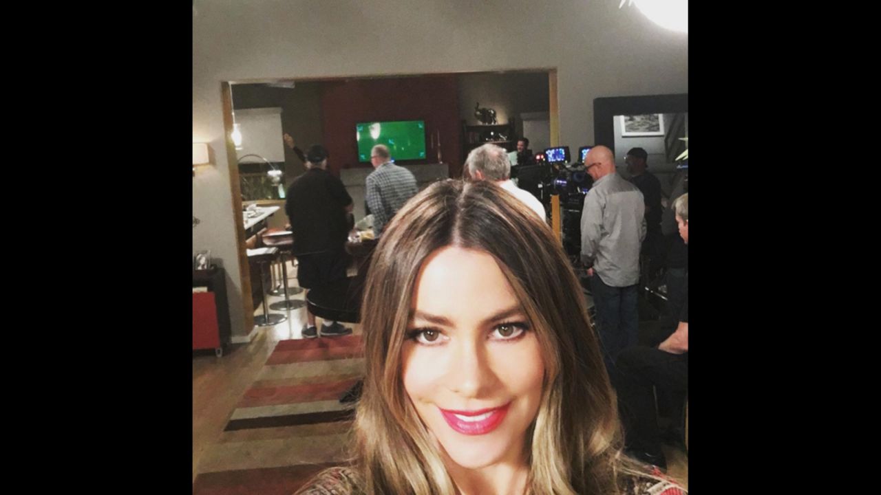 Actress Sofia Vergara <a href="https://www.instagram.com/p/BBtDuNXrpau/" target="_blank" target="_blank">snaps a photo</a> on the set of "Modern Family" on Friday, February 12.