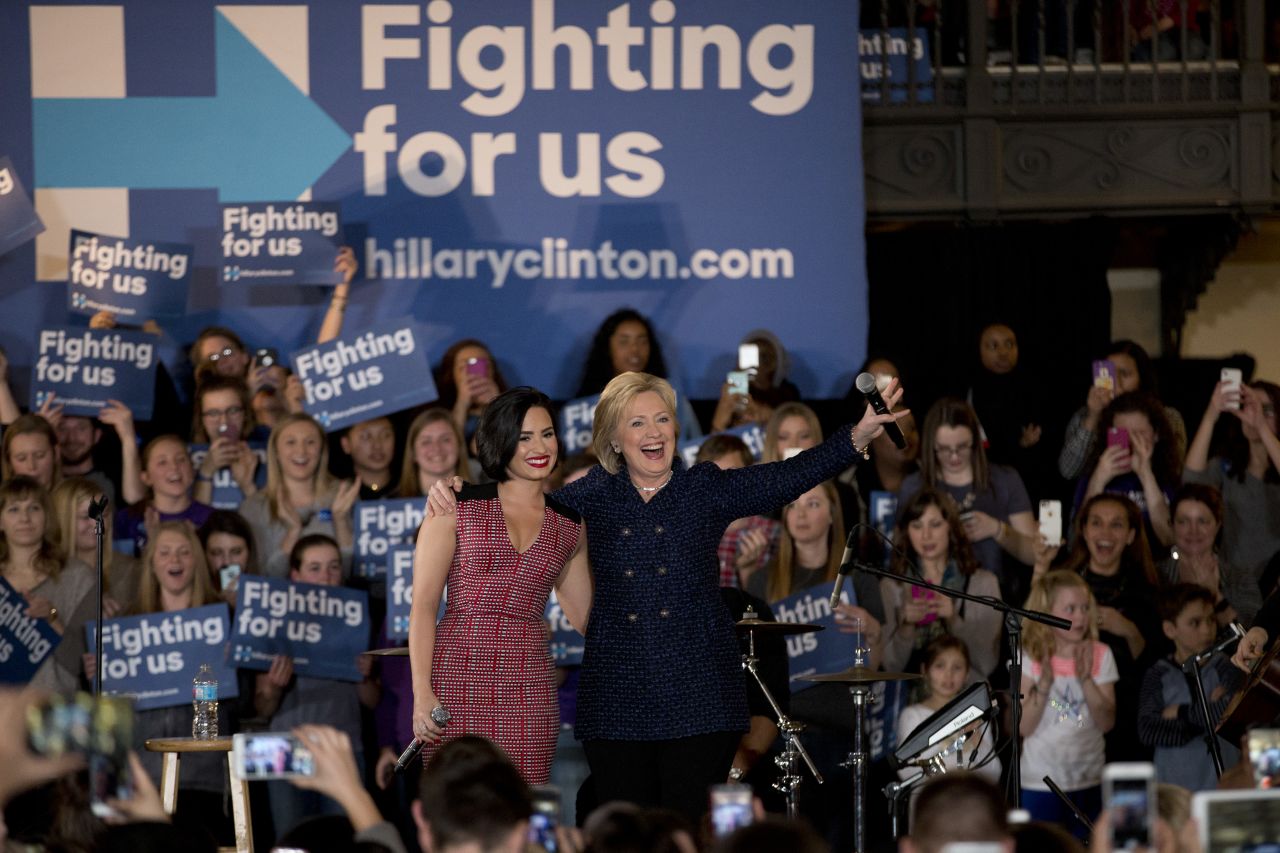 Clinton turned to a new celebrity surrogate -- singer Demi Lovato -- in an effort to win over young women in Iowa, a state where Sanders' strength depends largely on his ability to turn out the youth vote.<br /><br />In January, Clinton and Lovato drew a crowd of largely young women to the University of Iowa campus, where Lovato vouched for Clinton. After performing her hit song "Confident," <a href="http://www.cnn.com/2016/01/21/politics/hillary-clinton-demi-lovato-young-women-voters/" target="_blank">Lovato said:</a> "I don't think there's a woman more confident than Hillary Clinton."
