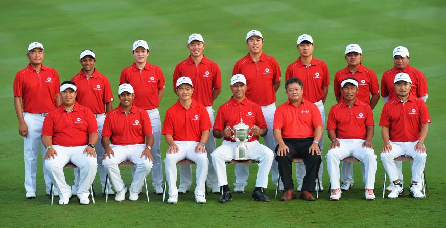 Lahiri (second from left, front row) is a fixture on cup teams representing Asia. He is pictured with his team prior to the start of the EurAsia Cup on January 14, 2016 in Kuala Lumpur, Malaysia.