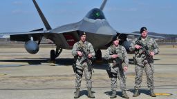 US soldiers stand guard near a US F-22 stealth fighter at the Osan Air Base in Pyeongtaek, south of Seoul, on February 17, 2016. The radar-evading aircraft flew across South Korea on February 17 to an air base near Seoul where they are being deployed in a show of force following Pyongyang's nuclear and missile tests. AFP PHOTO / JUNG YEON-JEJUNG YEON-JE/AFP/Getty Images