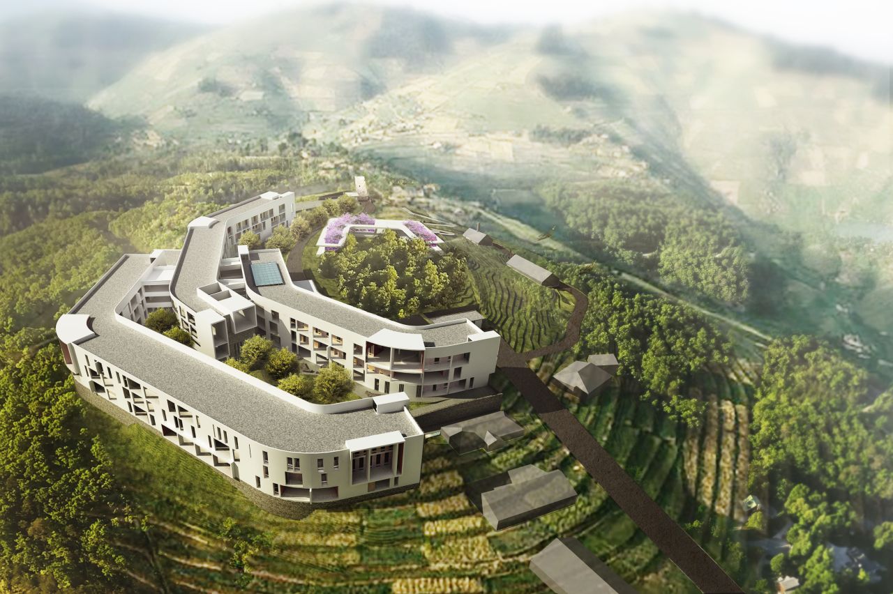 The 300-bed facility is located in Nyaruguru, one of Rwanda's poorest districts, and is designed around its hilltop location to maximize space. 