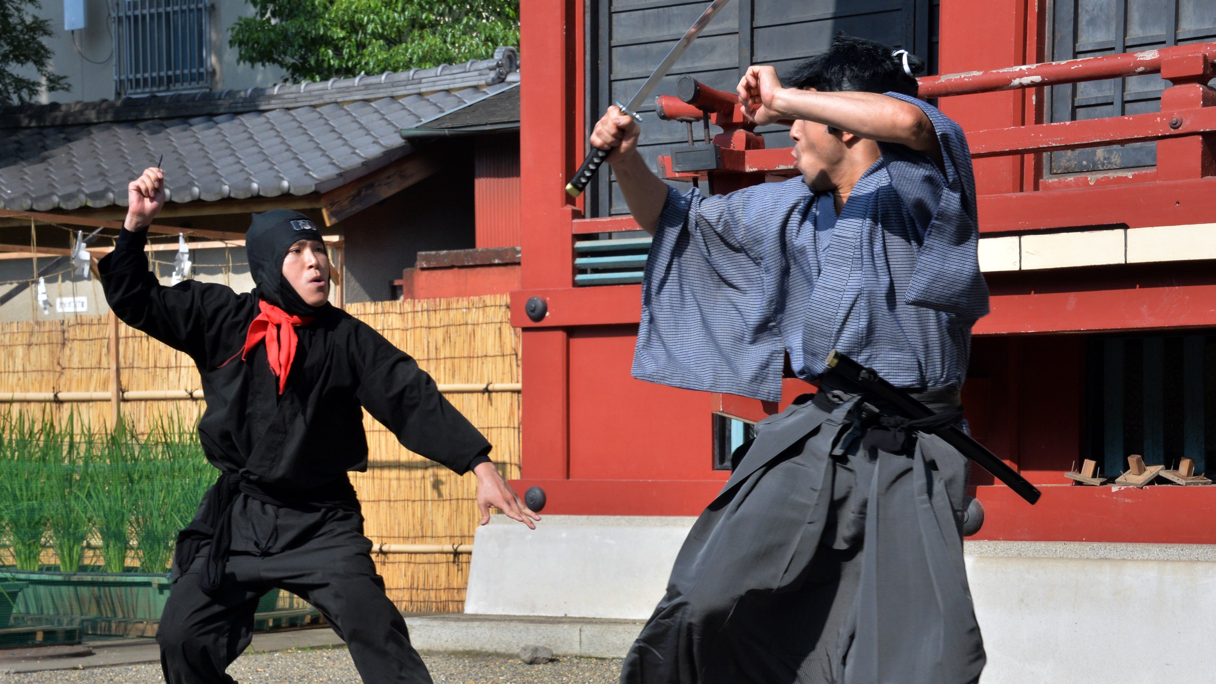 Members of a pantomime group clad in a samurai, left, and ninja costumes perform in Tokyo.