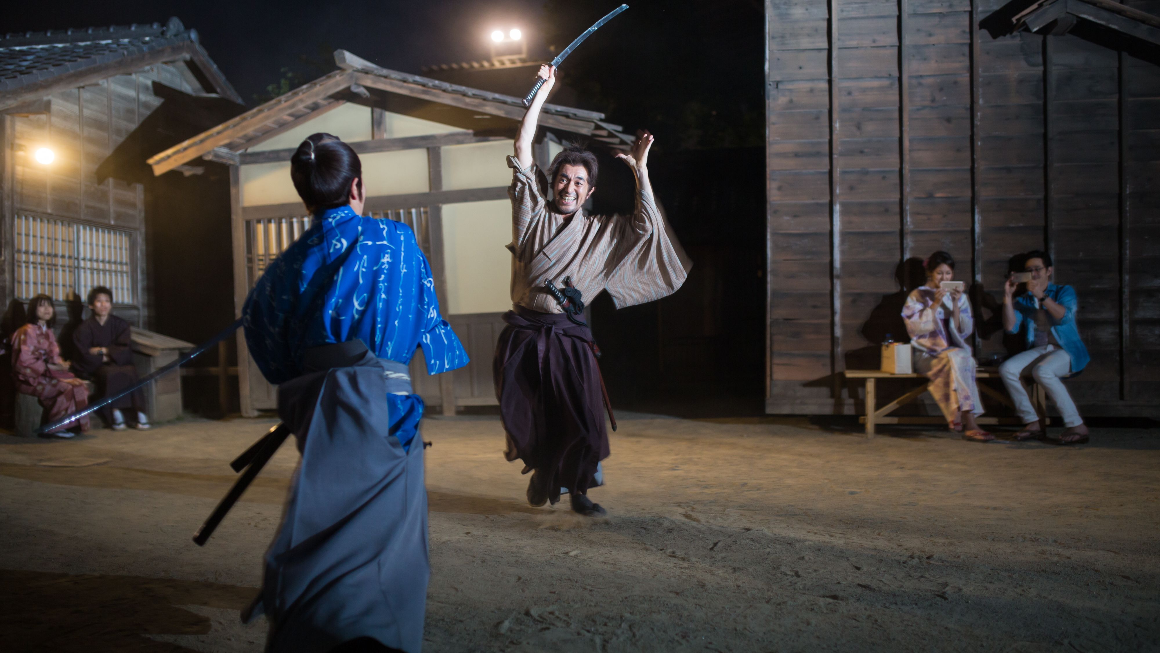 Samurai actors perform sword fights at the Toei Kyoto Studio Park.