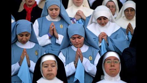 Nuns attend a Mass with Pope Francis at a stadium in Morelia on February 16.