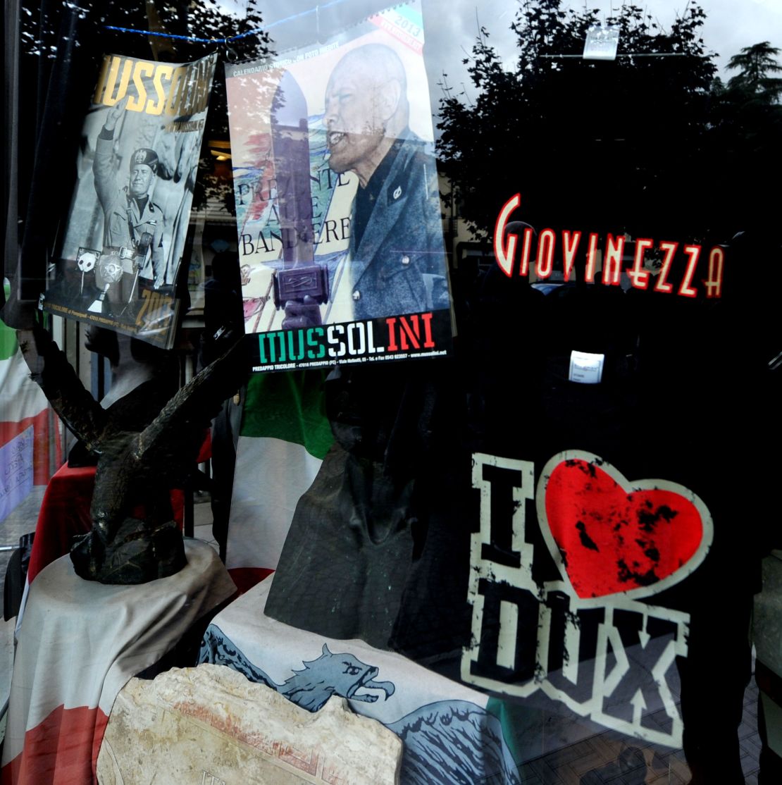 Souvenir shops in Predappio sell Mussolini and fascist souvenirs.