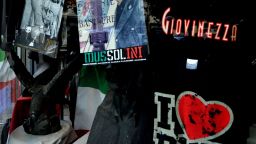 Items showing Italian fascit dictator Benito Mussolini are displayed in the shop window of a souvenir shop during a rally marking the 90th anniversary of the 'march on Rome' on October 28, 2012 in Predappio.