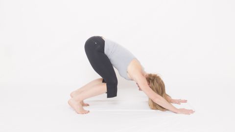 Keep your knees bent in downward dog as you work on alignment, strength and mobility before attempting the full expression of the pose with straight legs and full shoulder flexion. You can also slowly pedal out your heels, by straightening one leg at a time to ease into the posture.