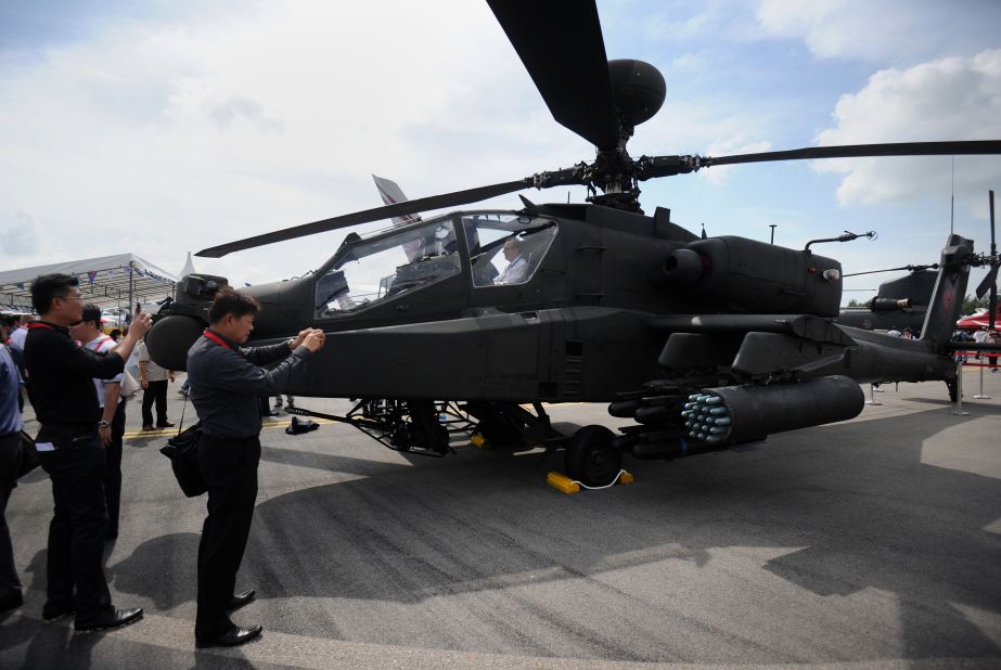 AH-64D Apache Longbow helicopter on display by the Singapore Air Force during the Singapore Airshow on February 17.