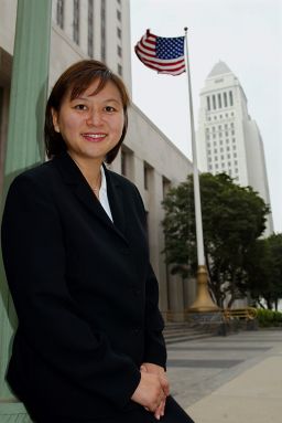 JACQUELINE NGUYEN is the first Vietnamese American woman named to the state court in California. Photo of Nguyen outside court with Los Angeles city hall in background, August 15, 2002 