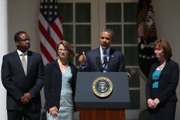 U.S. President Barack Obama speaks while nominating Cornelia T. L. Pillard (2nd-L), a law professor, Patricia Ann Millett (R), an appellate lawyer, and Robert L. Wilkins (L),  to become federal judges, during an event in the Rose Garden of the White House June 4, 2013 in Washington, DC.