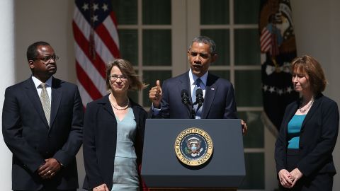 U.S. President Barack Obama speaks while nominating Cornelia T. L. Pillard (2nd-L), a law professor, Patricia Ann Millett (R), an appellate lawyer, and Robert L. Wilkins (L),  to become federal judges, during an event in the Rose Garden of the White House June 4, 2013 in Washington, DC.